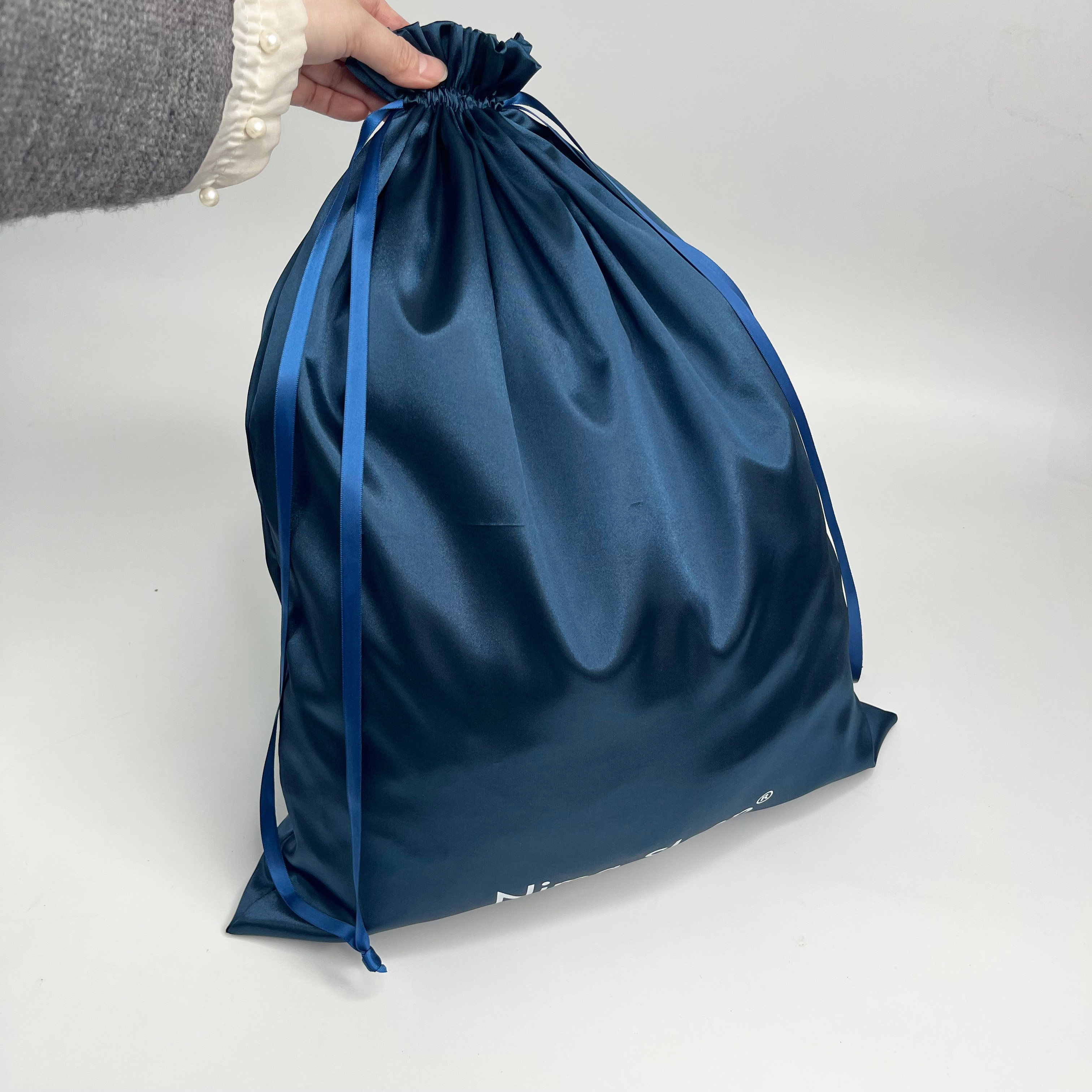 Wig Packaging Navy Satin Drawstring Bag Wiith Logo Custom