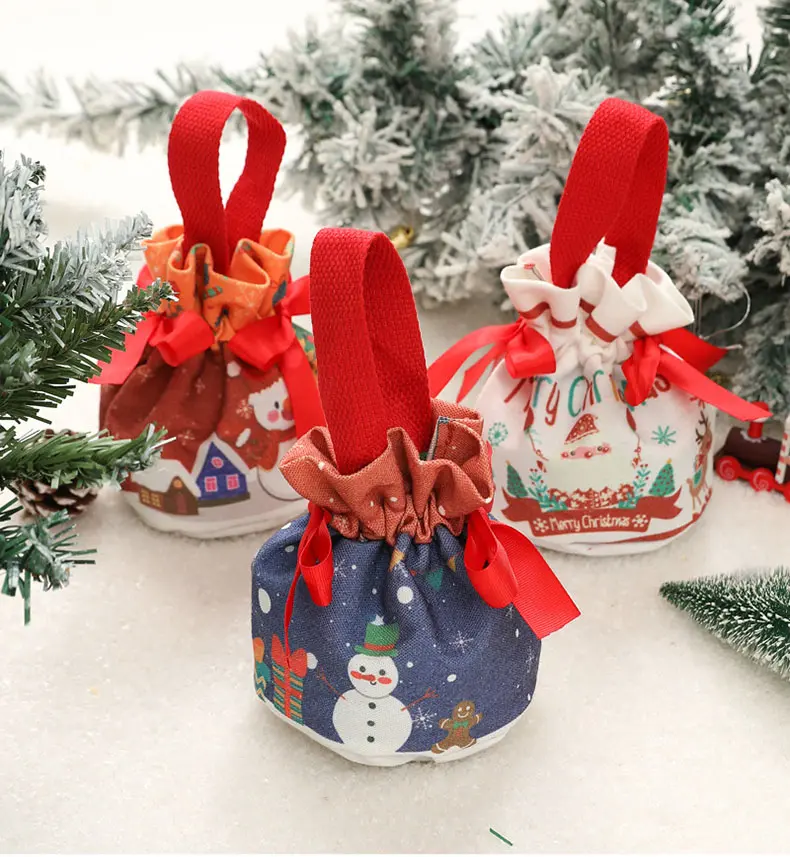 Merry Christmas Gift Drawstring Bag Apple Cookie Candy Packaging Cotton Linen Drawstring Pouch